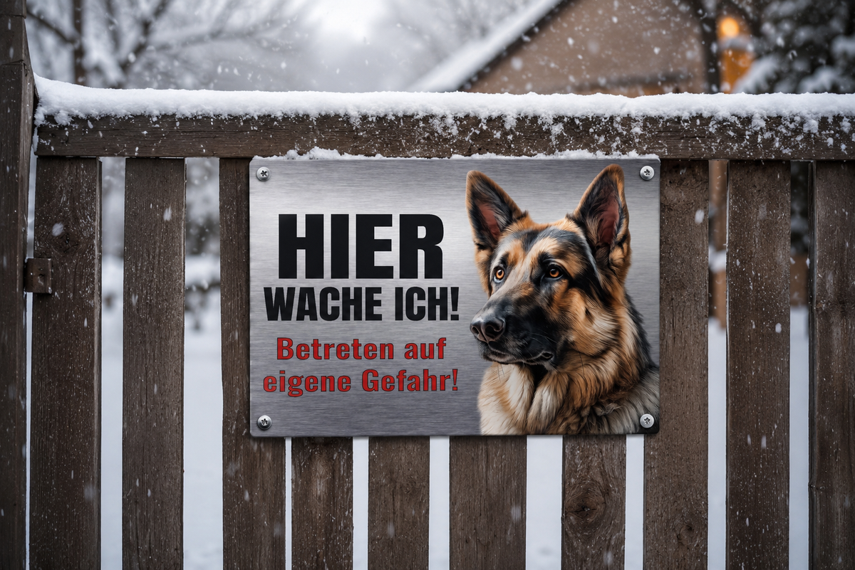 Hundeschild Deutscher Schäferhund Hier wache ich! – Premium Warnschild Hund aus Aluminium Verbund in Edelstahl Optik – Wetterfestes Schild für Außenbereich
