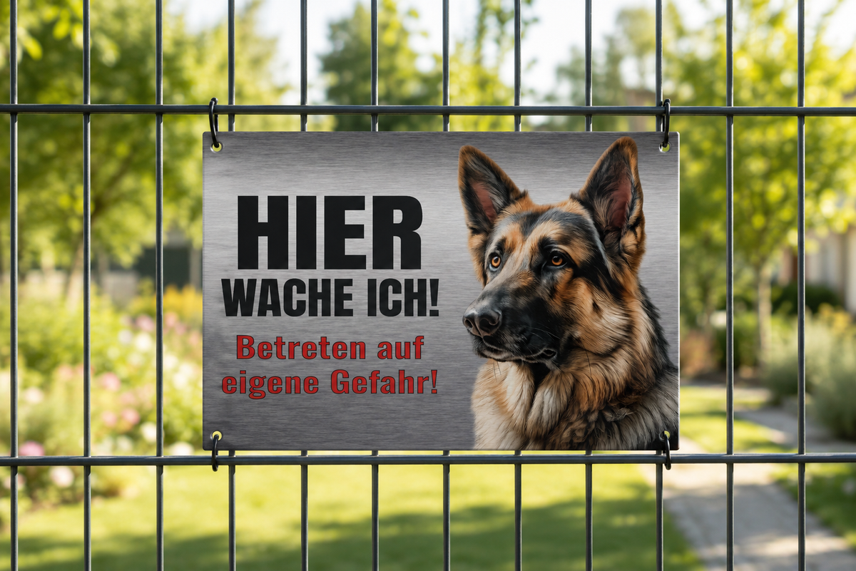 Hundeschild Deutscher Schäferhund Hier wache ich! – Premium Warnschild Hund aus Aluminium Verbund in Edelstahl Optik – Wetterfestes Schild für Außenbereich